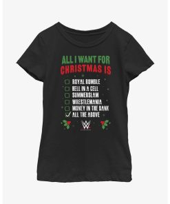 WWE All I Want For Christmas Wish List Youth Girls T-Shirt